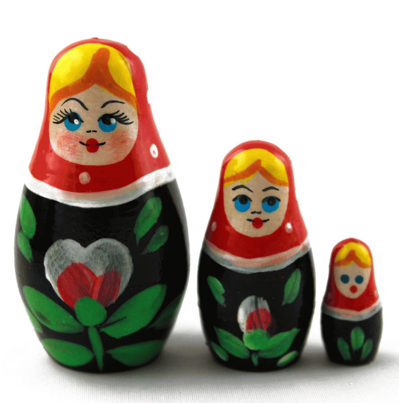 Mini Black Matryoshka with Red-White Flower
