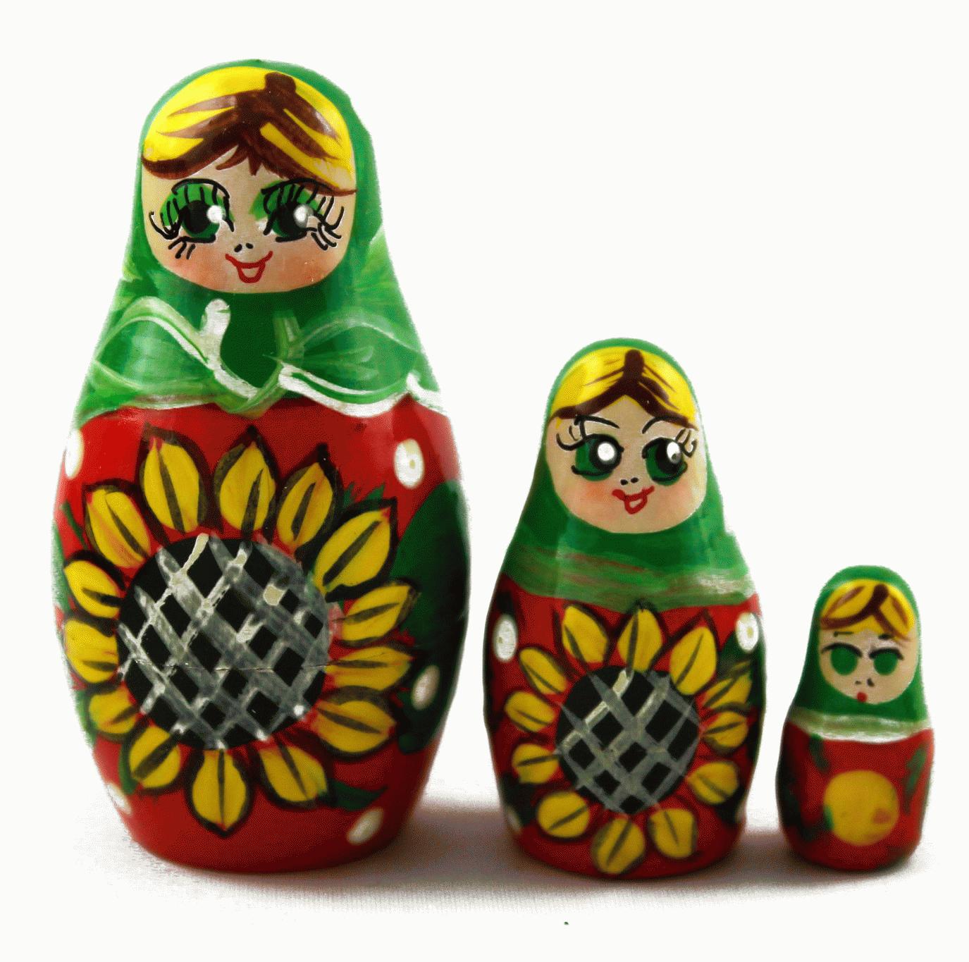 Mini Sunflower Matryoshka with Green Headscarf