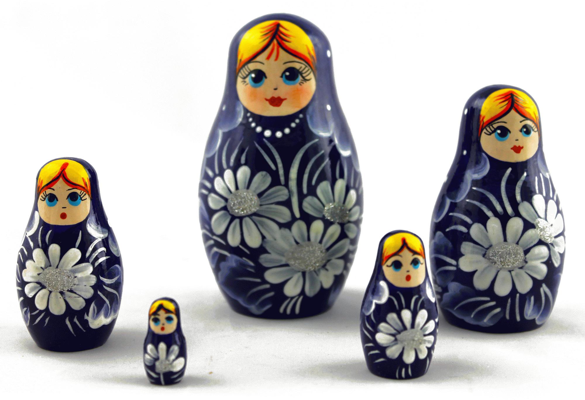 Blue Matryoshka Dolls with White Daisy Flowers