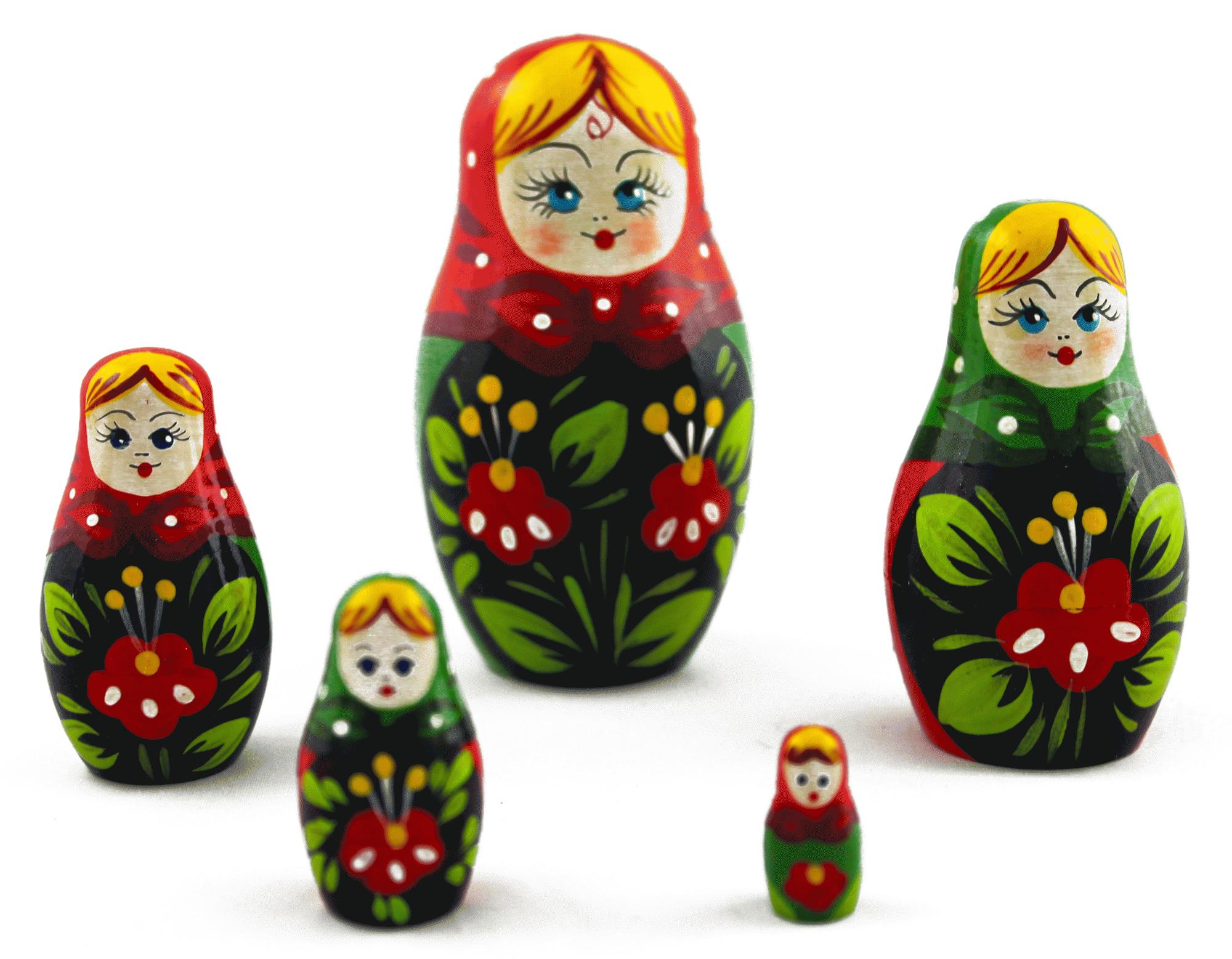Matryoshka Dolls with Red Floral Pattern