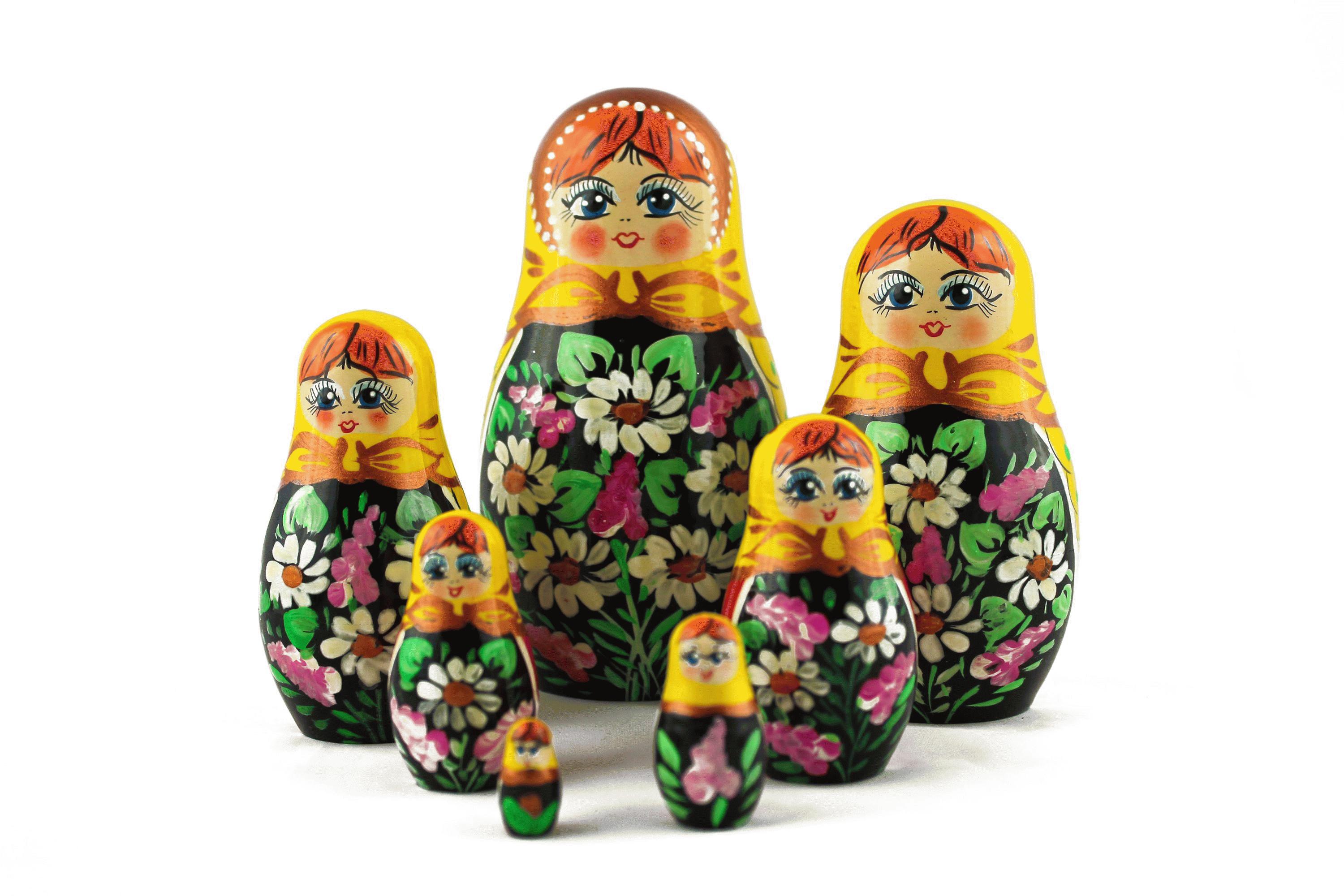 Nesting Dolls with Yellow Headscarves and Daisy Flowers