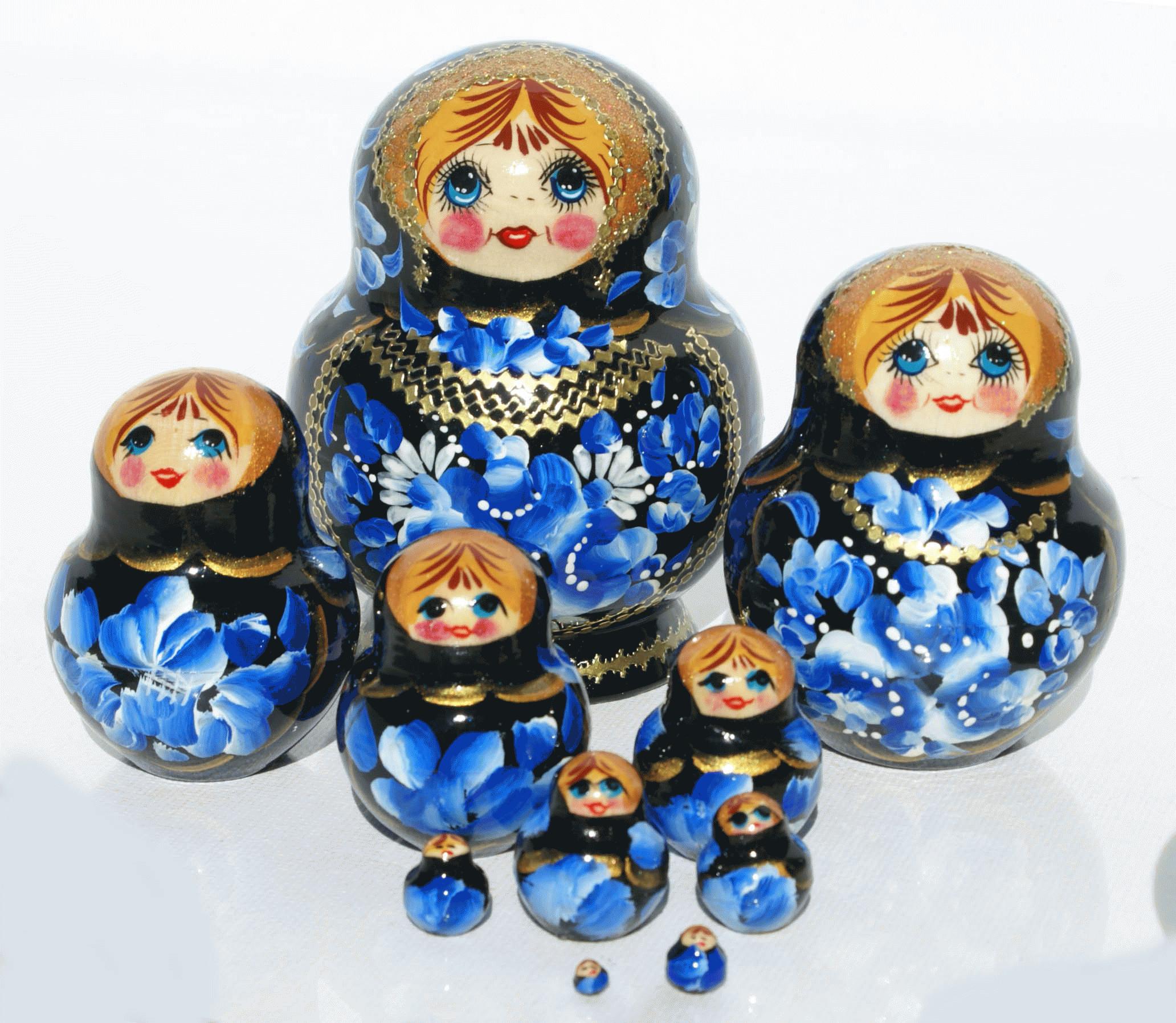 Matryoshka Nesting Dolls with Blue Floral Design