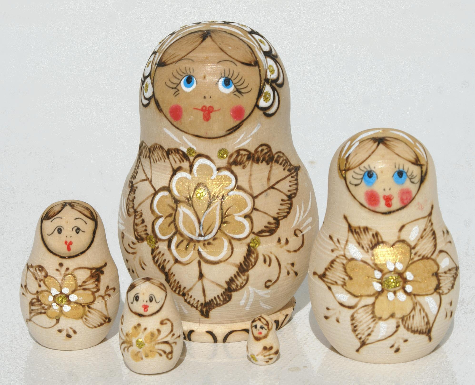 Nesting Dolls with Gold Floral Pyrography