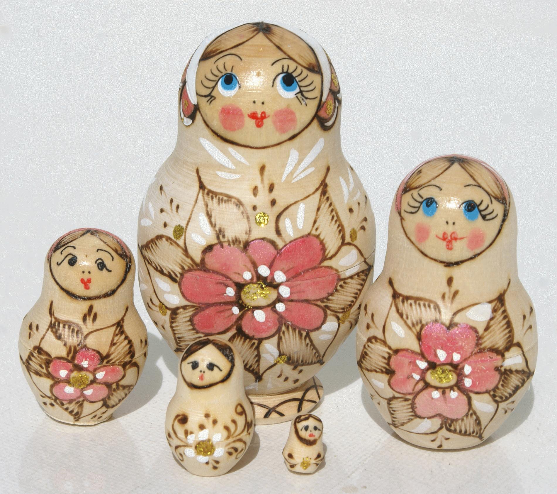 Matryoshka Dolls with Pink Floral Pyrography