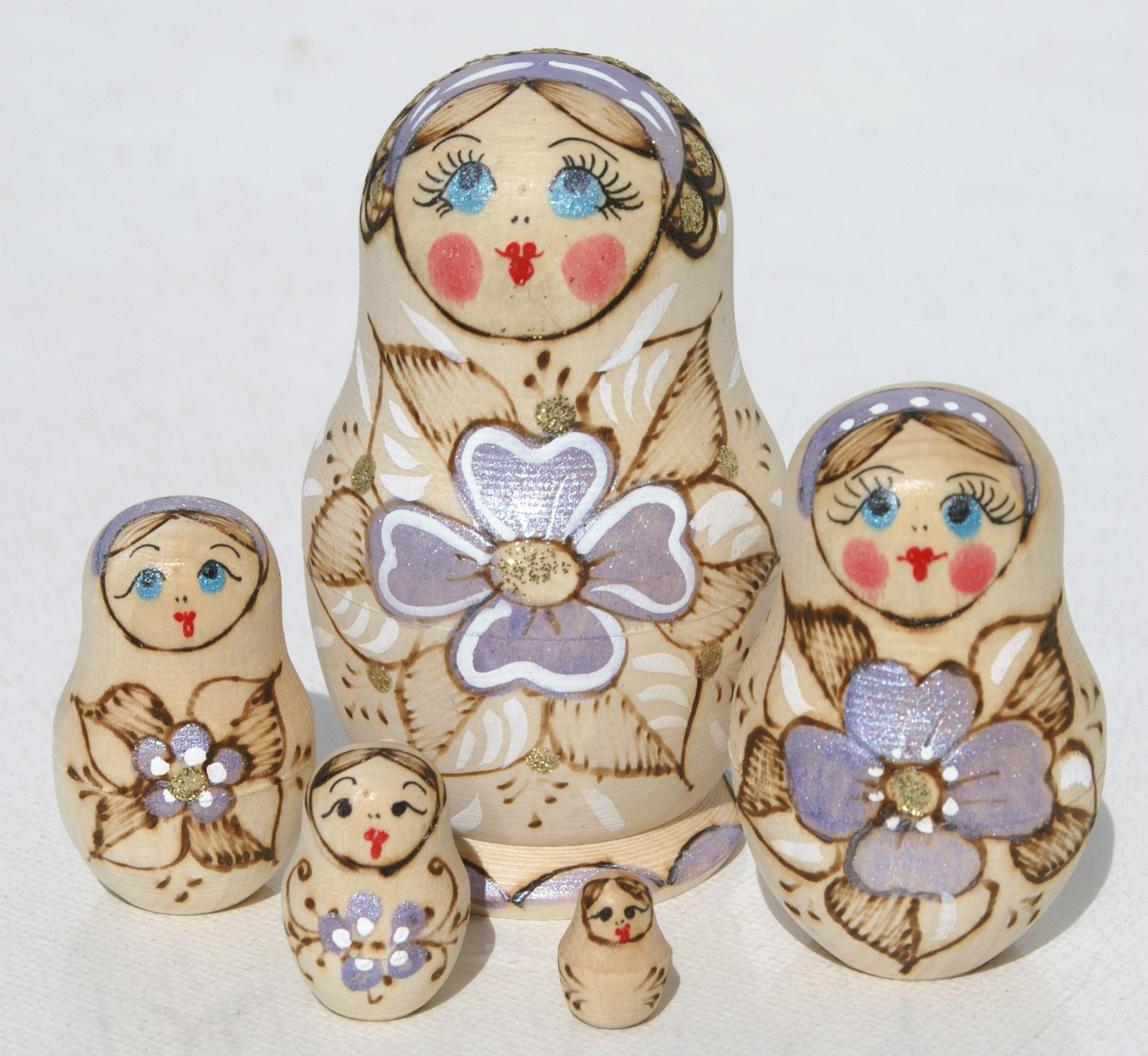 Russian Nesting Dolls with Lavender Floral Pyrography