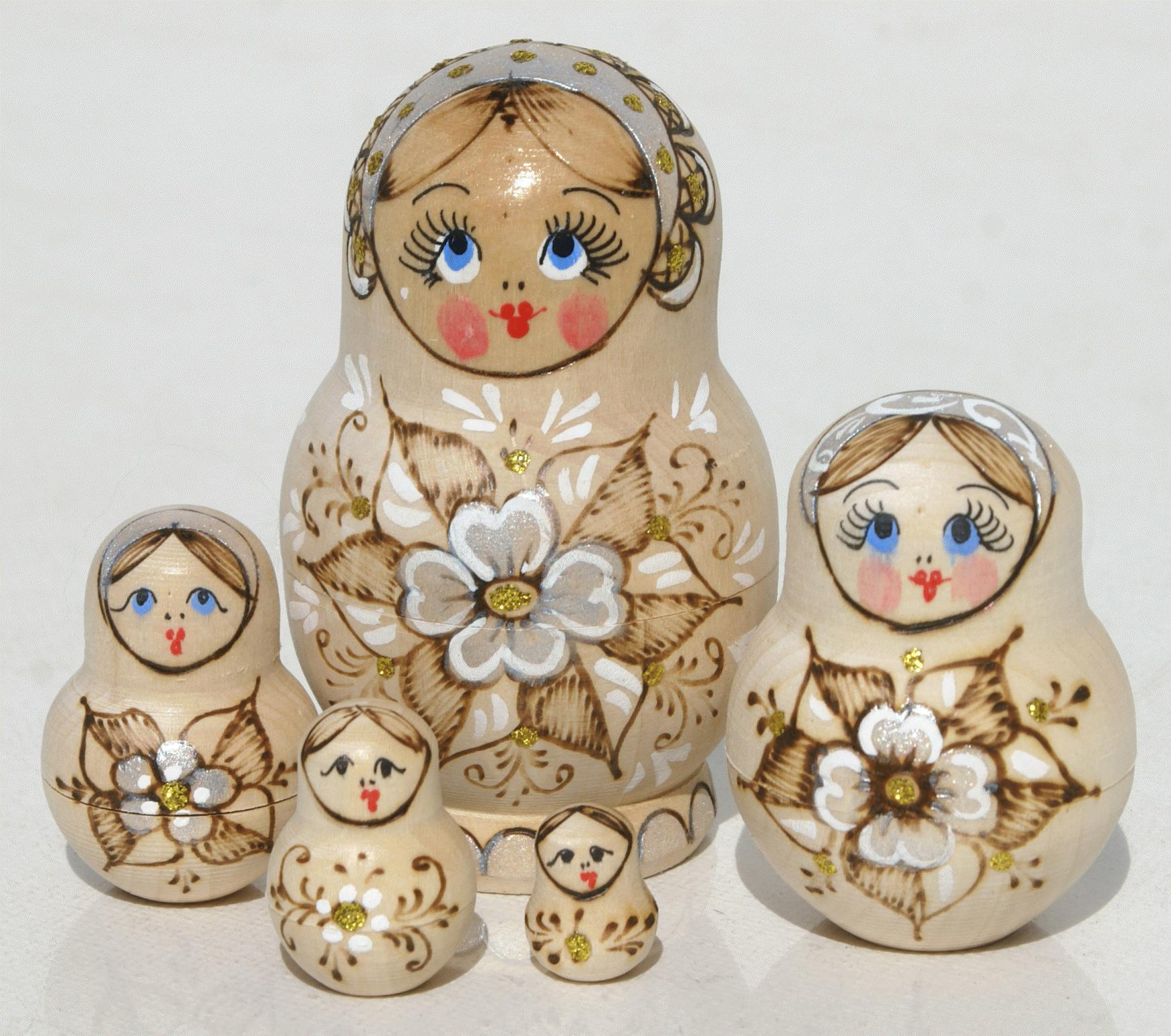 Matryoshka Nesting Dolls with White Floral Design