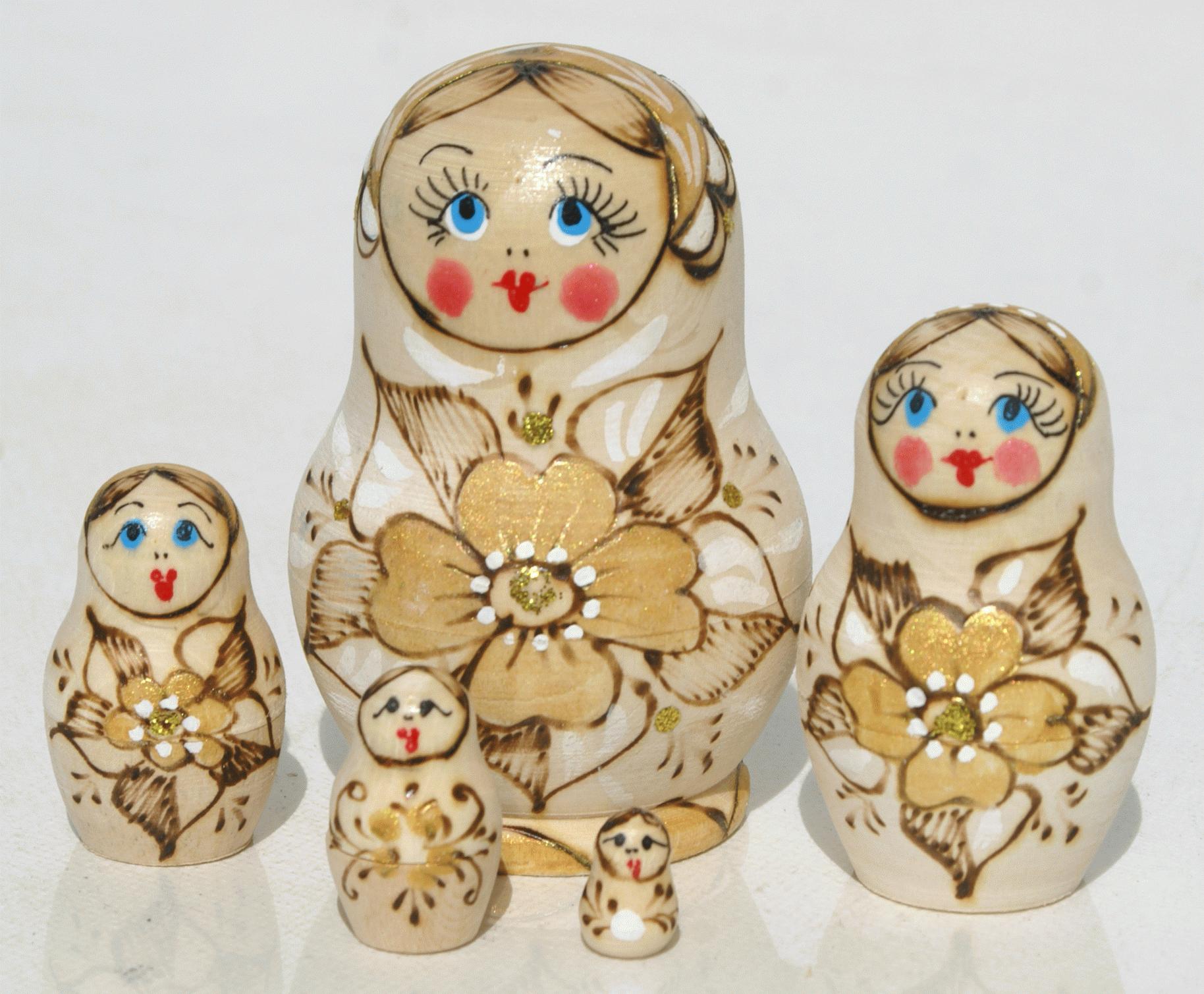 Matryoshka Nesting Dolls with Gold Floral Design