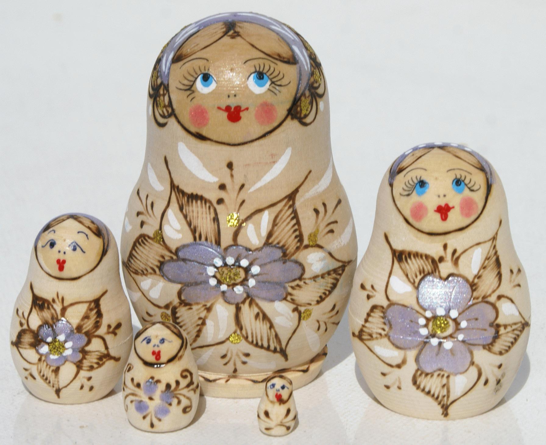 Natural Wood Dolls with Grey-Lavender Floral Pyrography