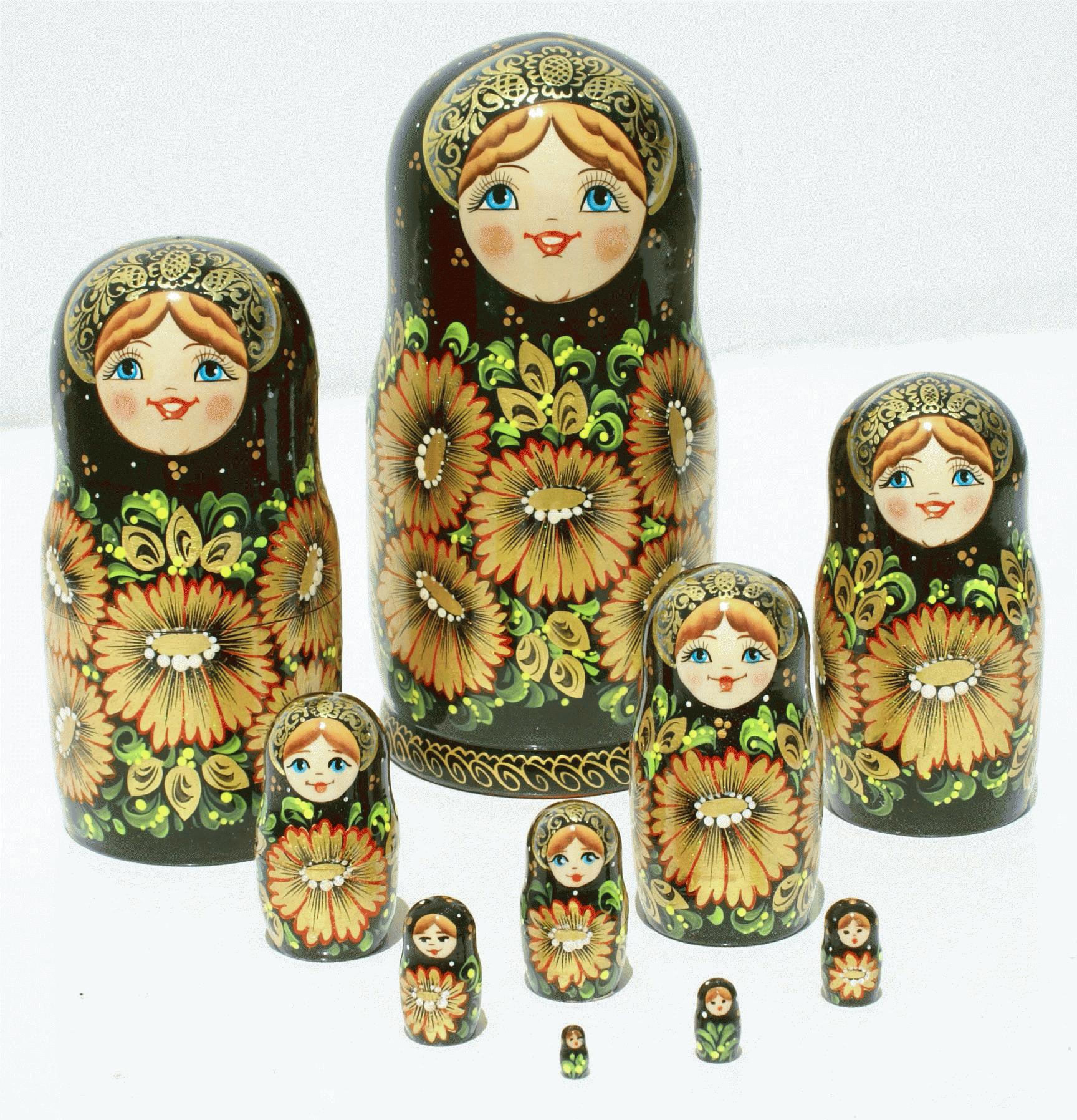 Nesting Dolls in Black and Gold Khokhloma Style