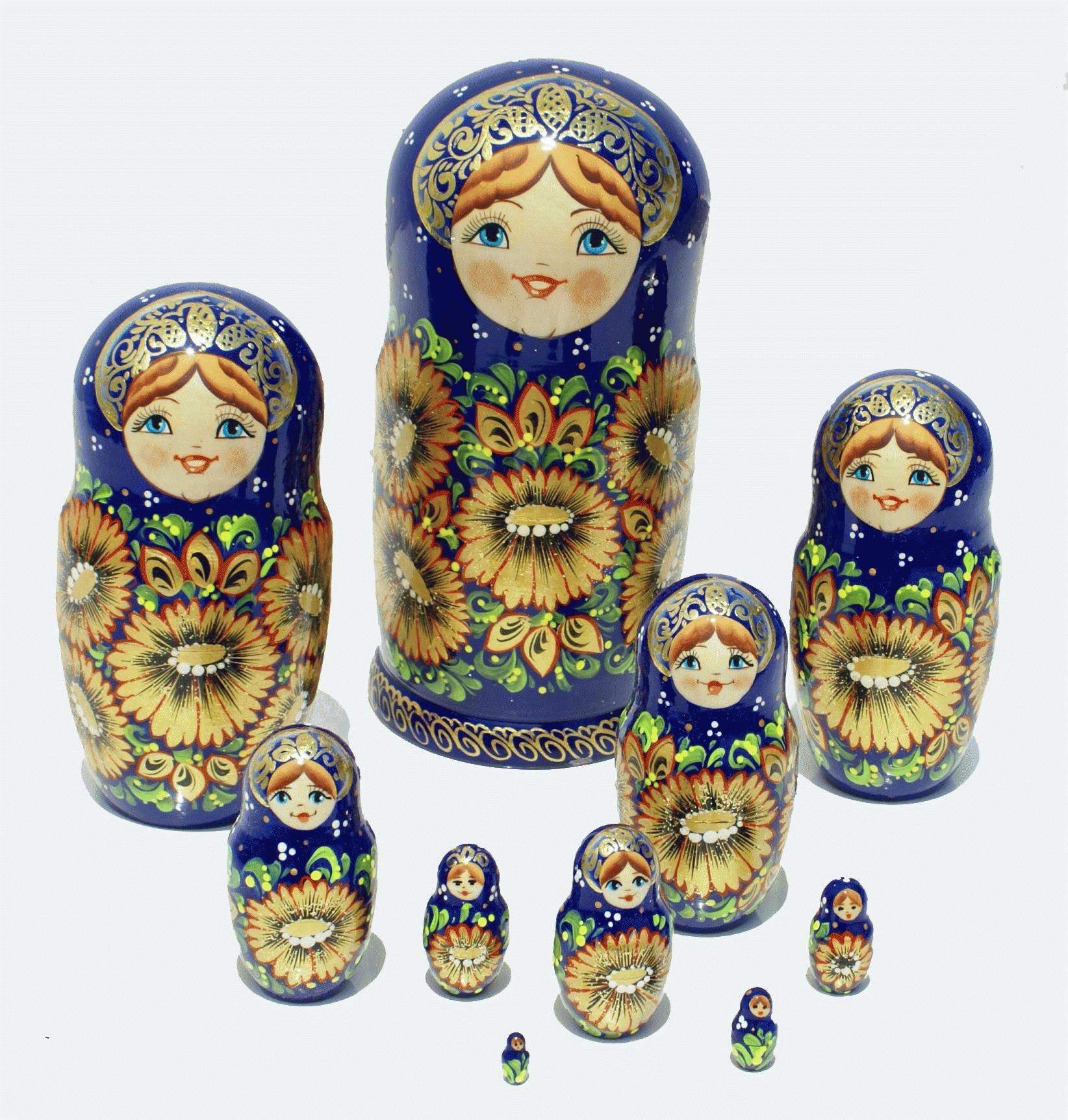 Russian Matryoshka in Blue and Gold Floral Style