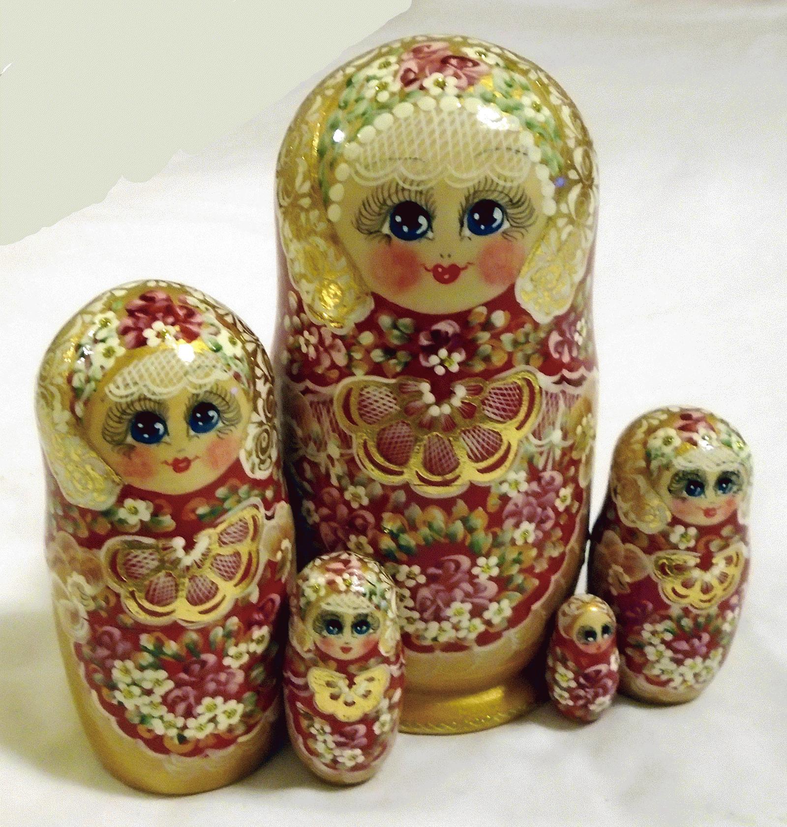 Red Floral Matryoshka with Gold Lace Ornament