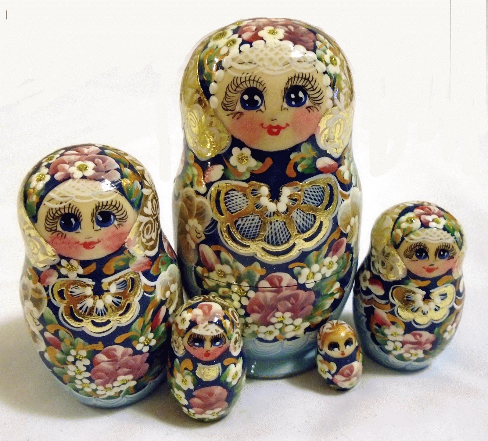 Blue Floral Matryoshka with Gold Lace Chest
