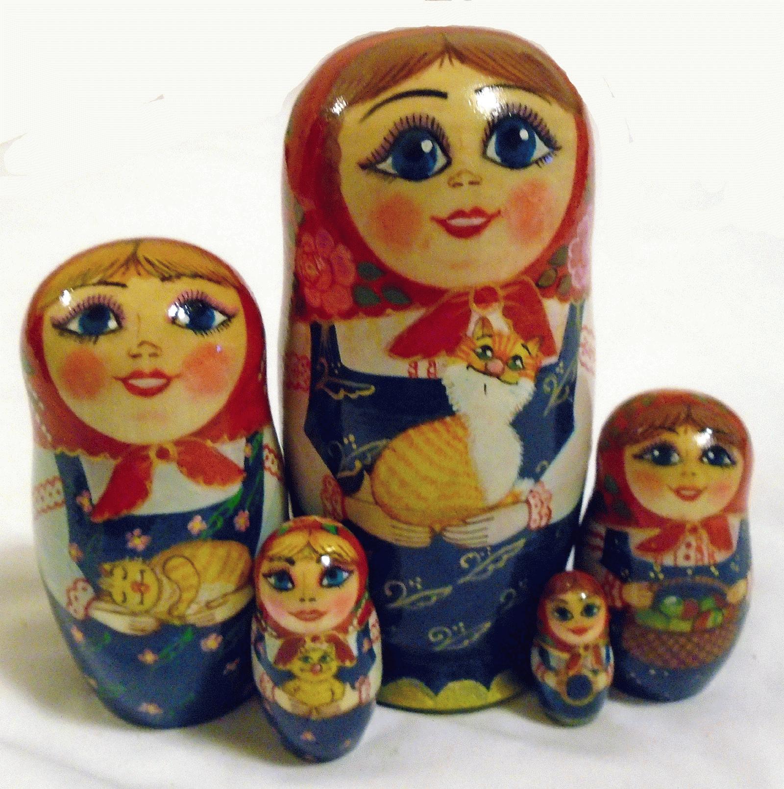 Folk Cat Matryoshka with Red Headscarves