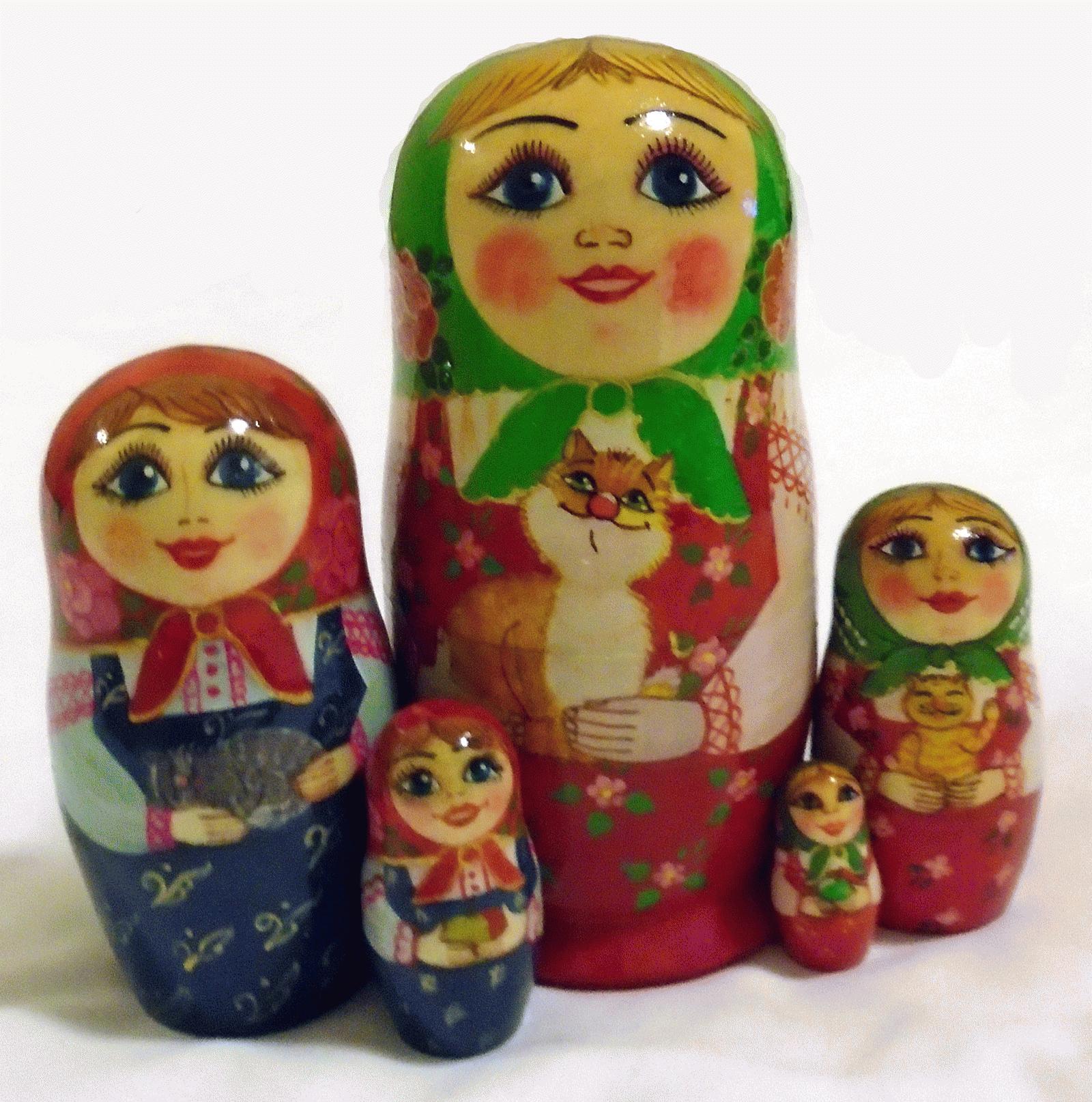 Folk Scene Matryoshka with Cat Motif