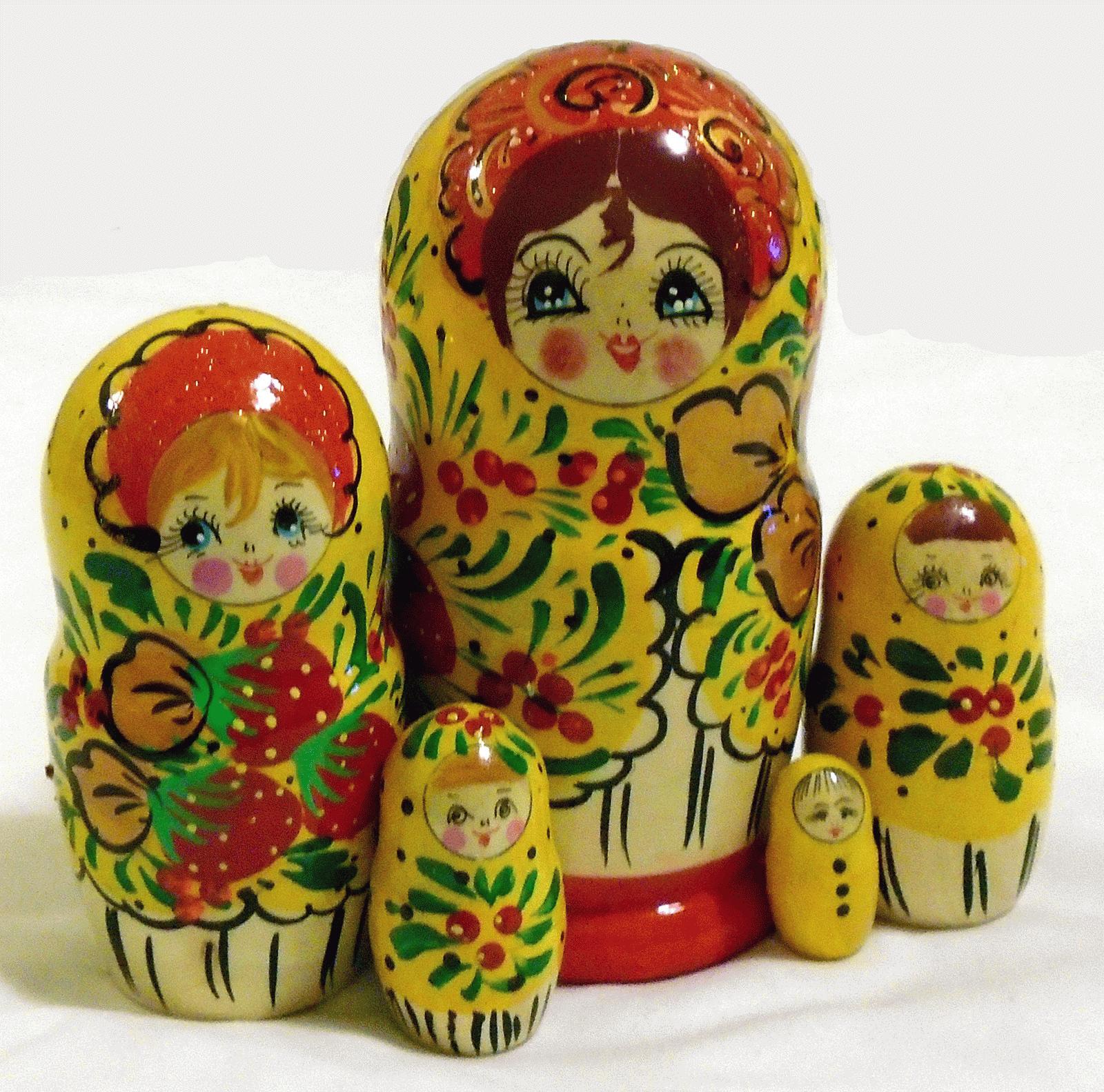 Yellow Folk Matryoshka with Floral & Berry Motifs