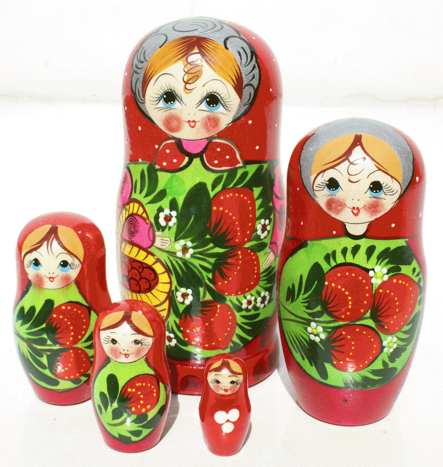 Strawberry Folk Matryoshka with Red & Green Motifs
