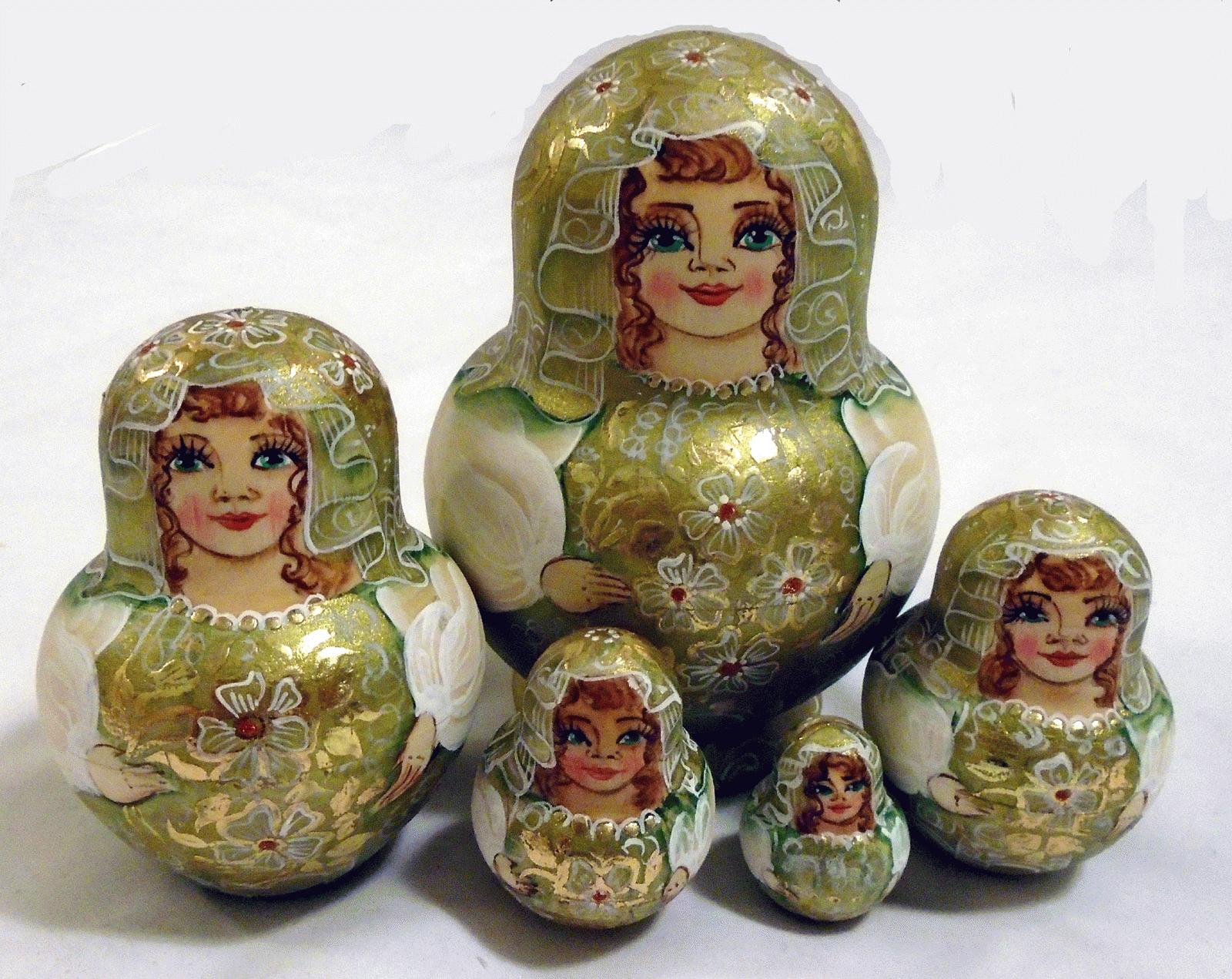 Matryoshka Dolls in Green, Gold Floral Style