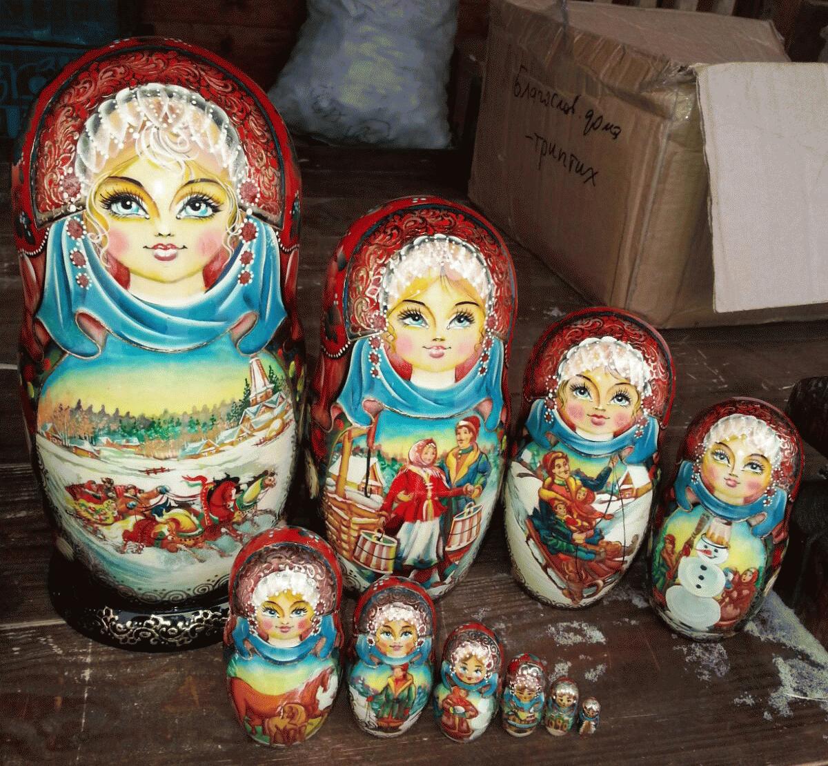 Matryoshka Dolls with Winter Village Scenes