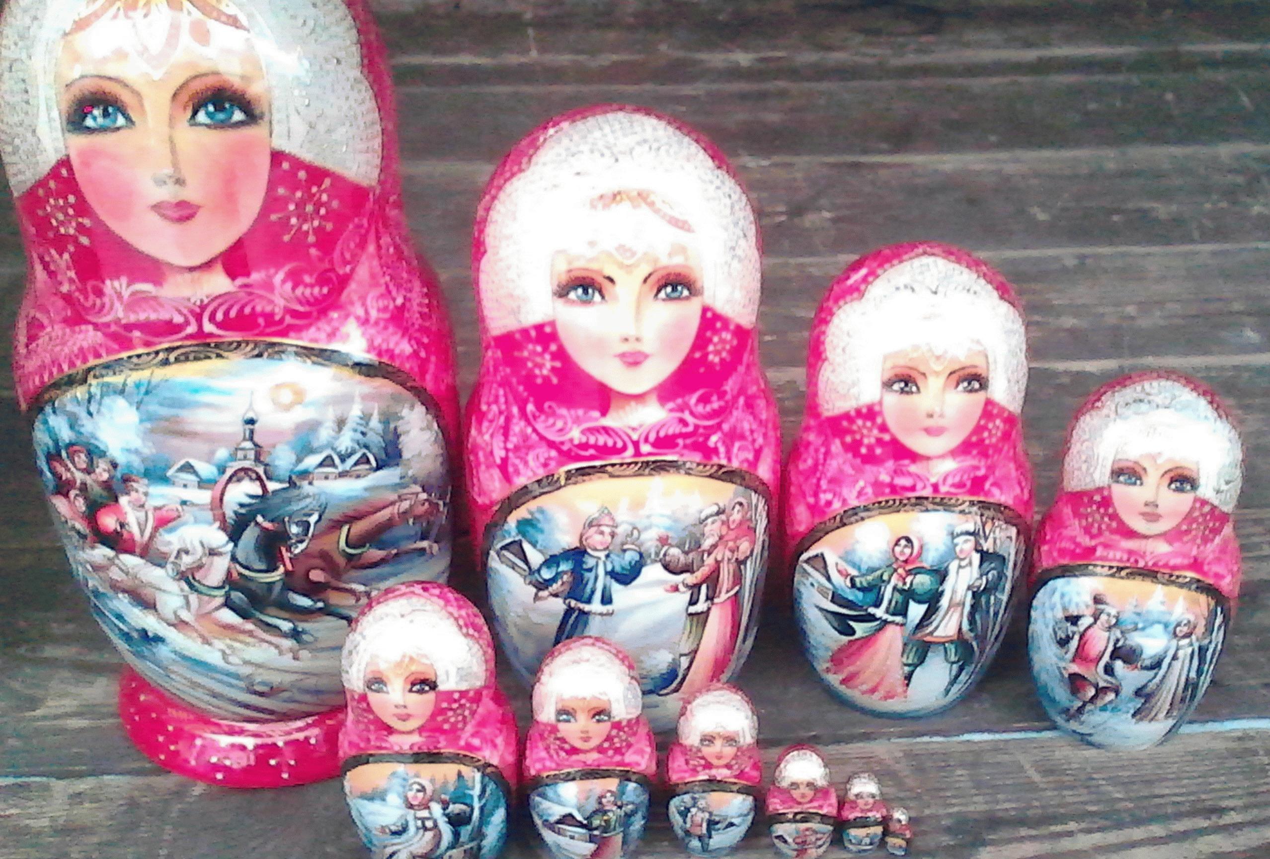 Matryoshka Nesting Dolls with Winter Folk Scenes