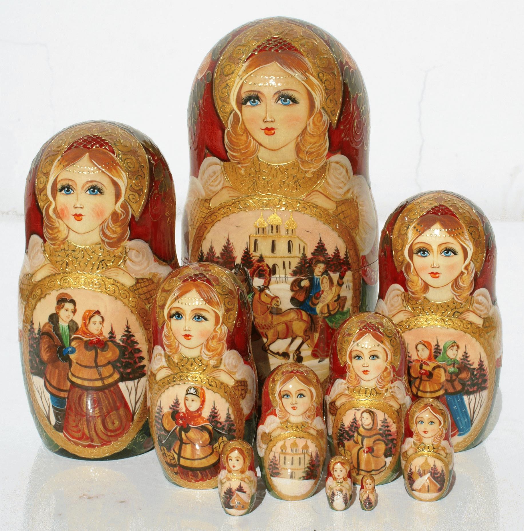 Winter Scene Matryoshka with Gold Detailing