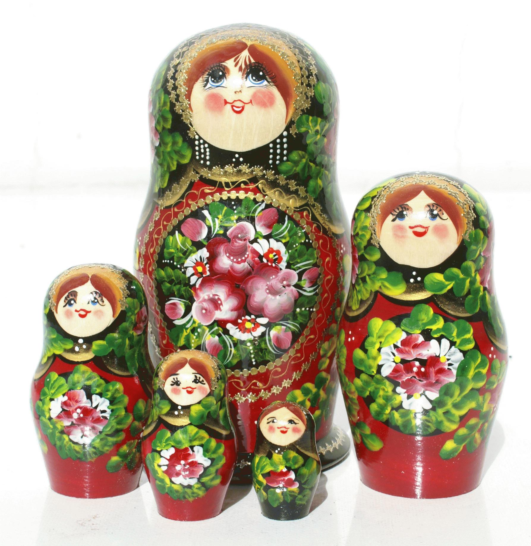 Red Matryoshka with Pink Blossom Medallions