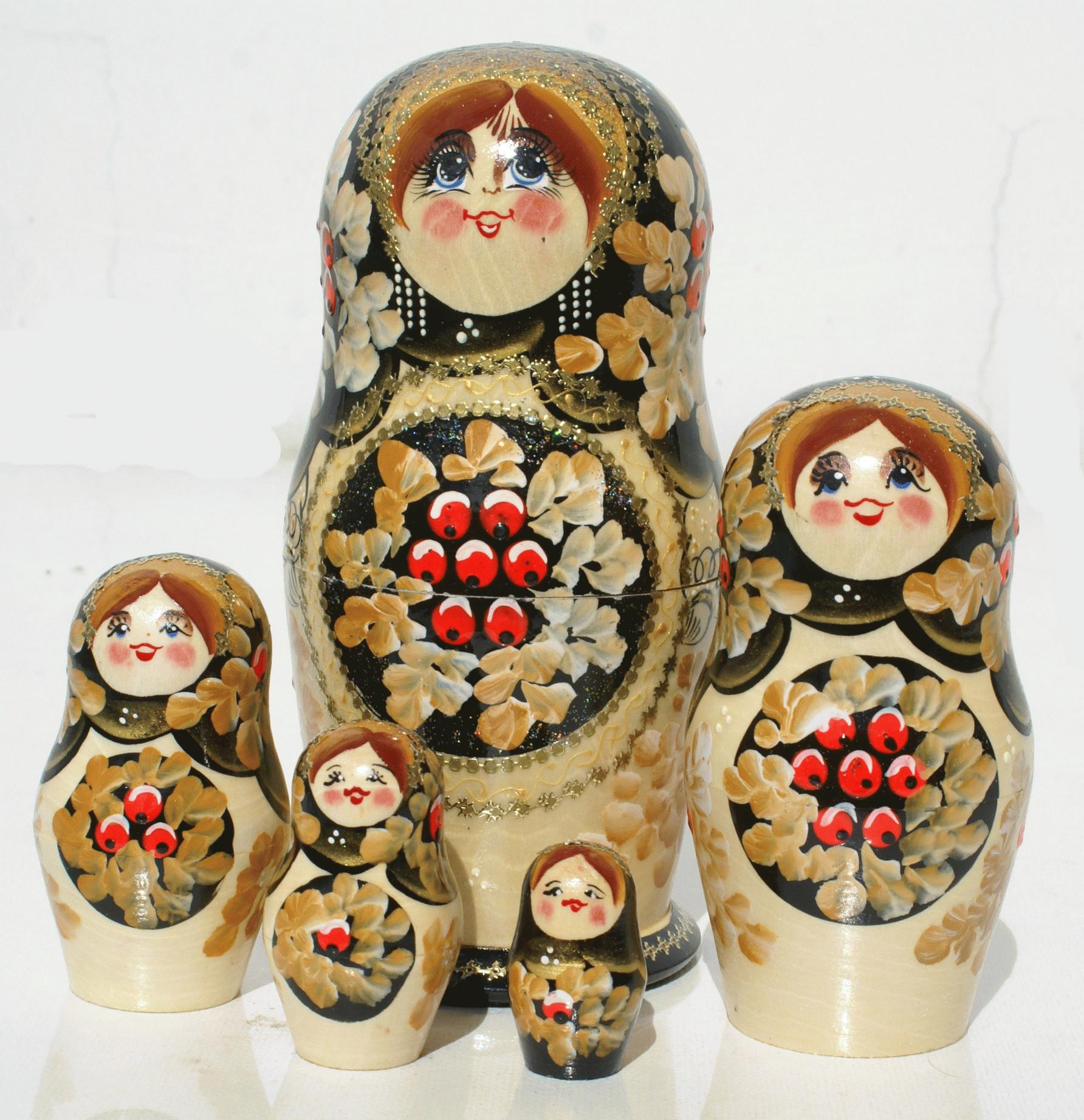 Beige Floral Matryoshka with Red Berries