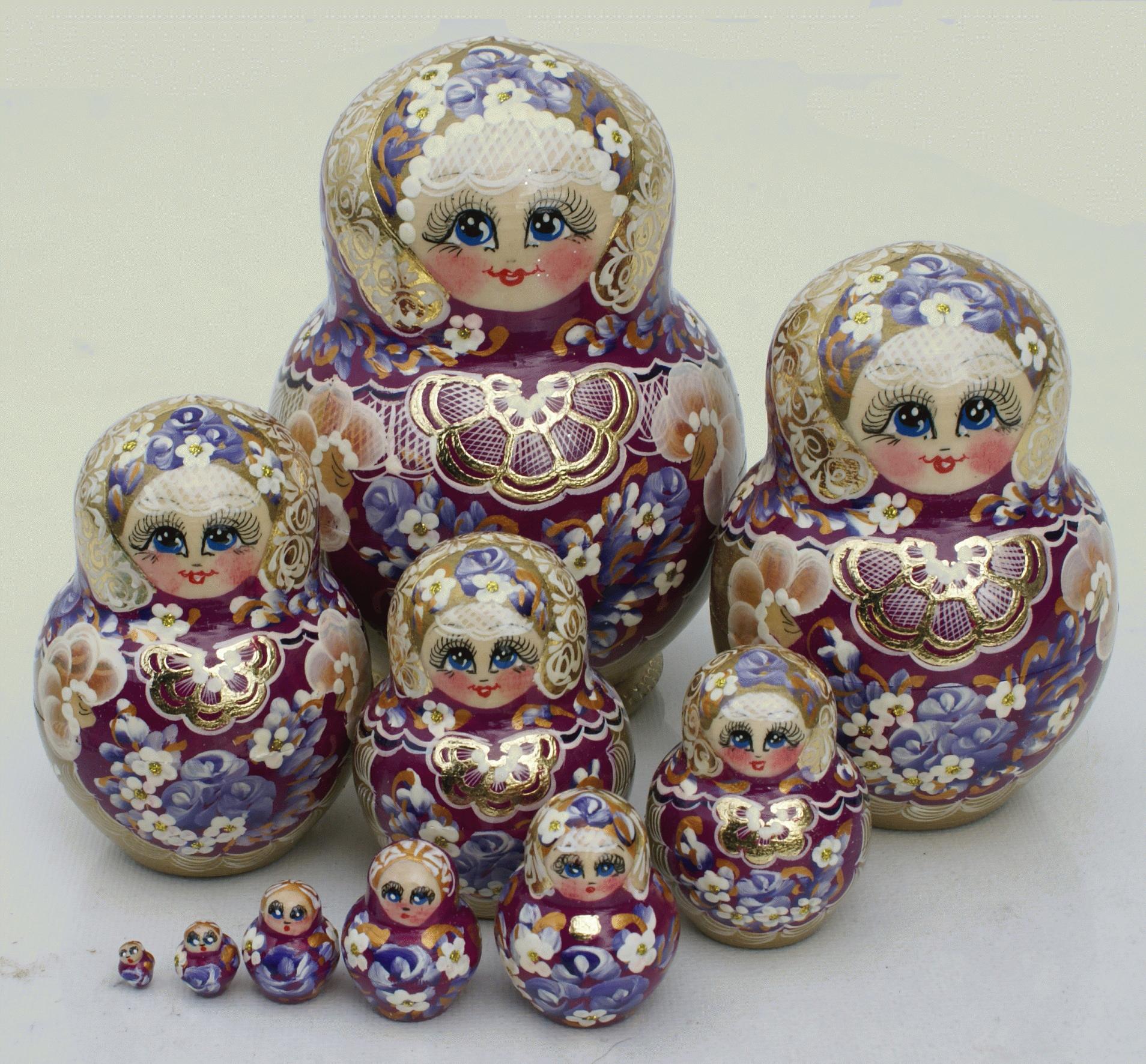 Purple Floral Matryoshka Set with Gold Lace
