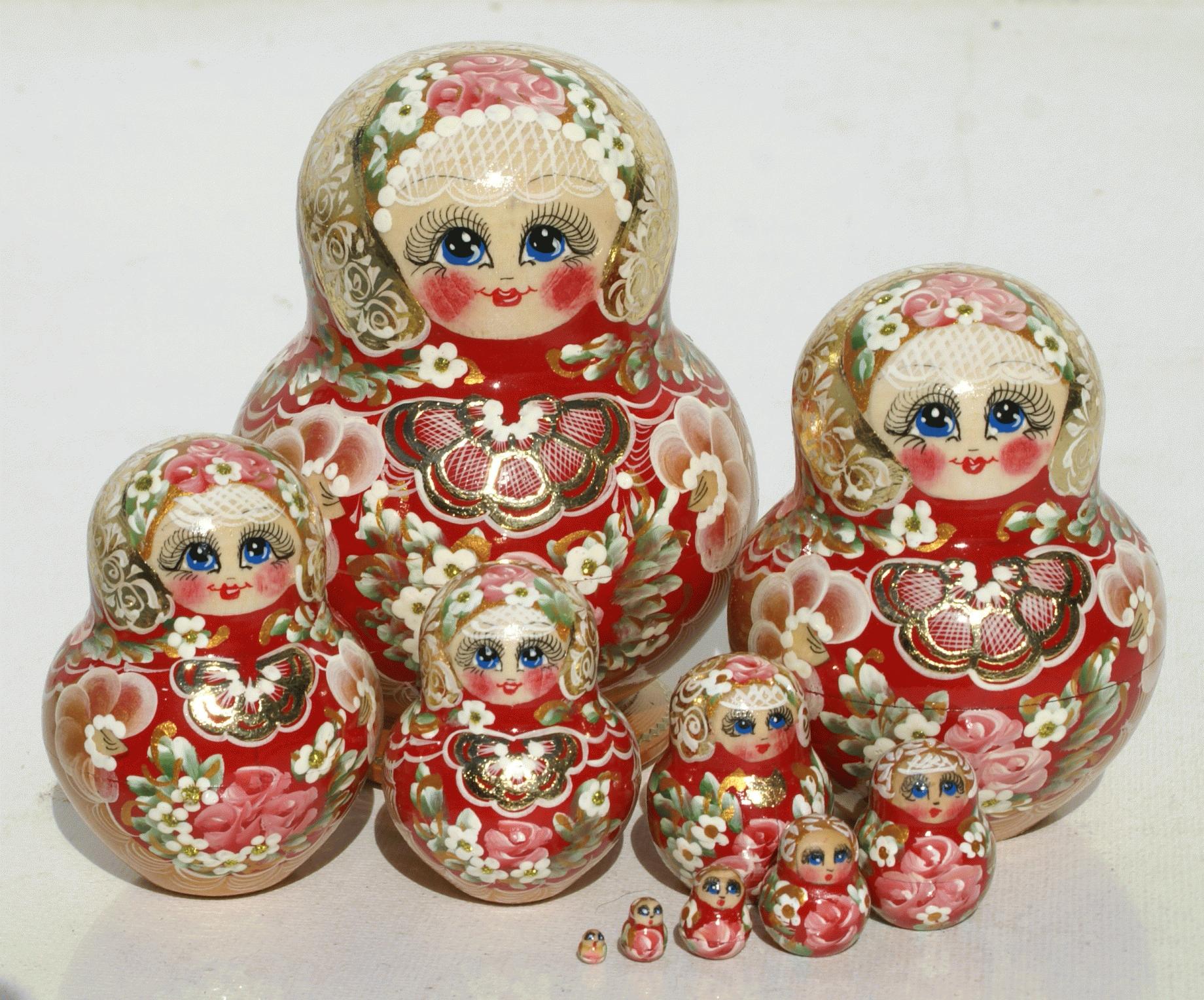 Red Rose Matryoshka with Gold Filigree