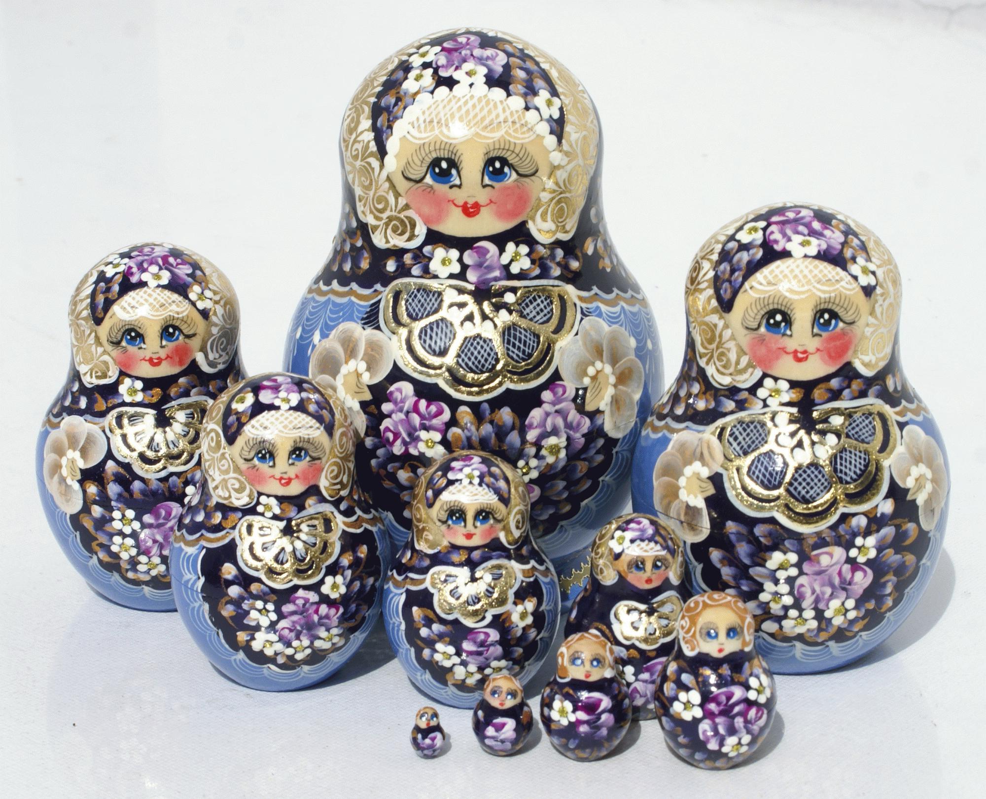 Blue Floral Matryoshka Nesting Dolls with Gold Ornament