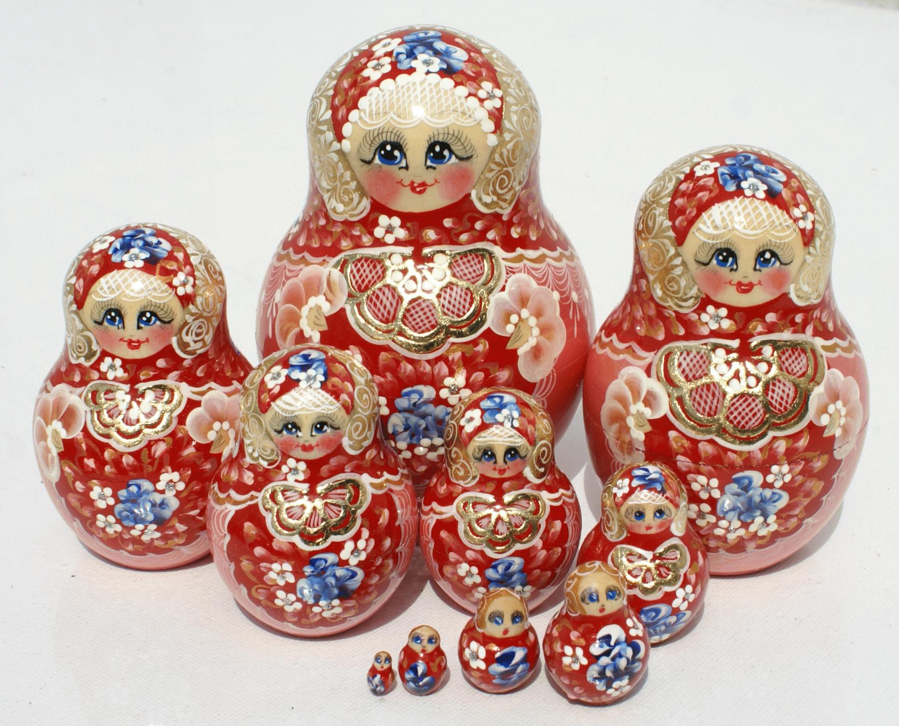 Red & Blue Floral Matryoshka Nesting Dolls