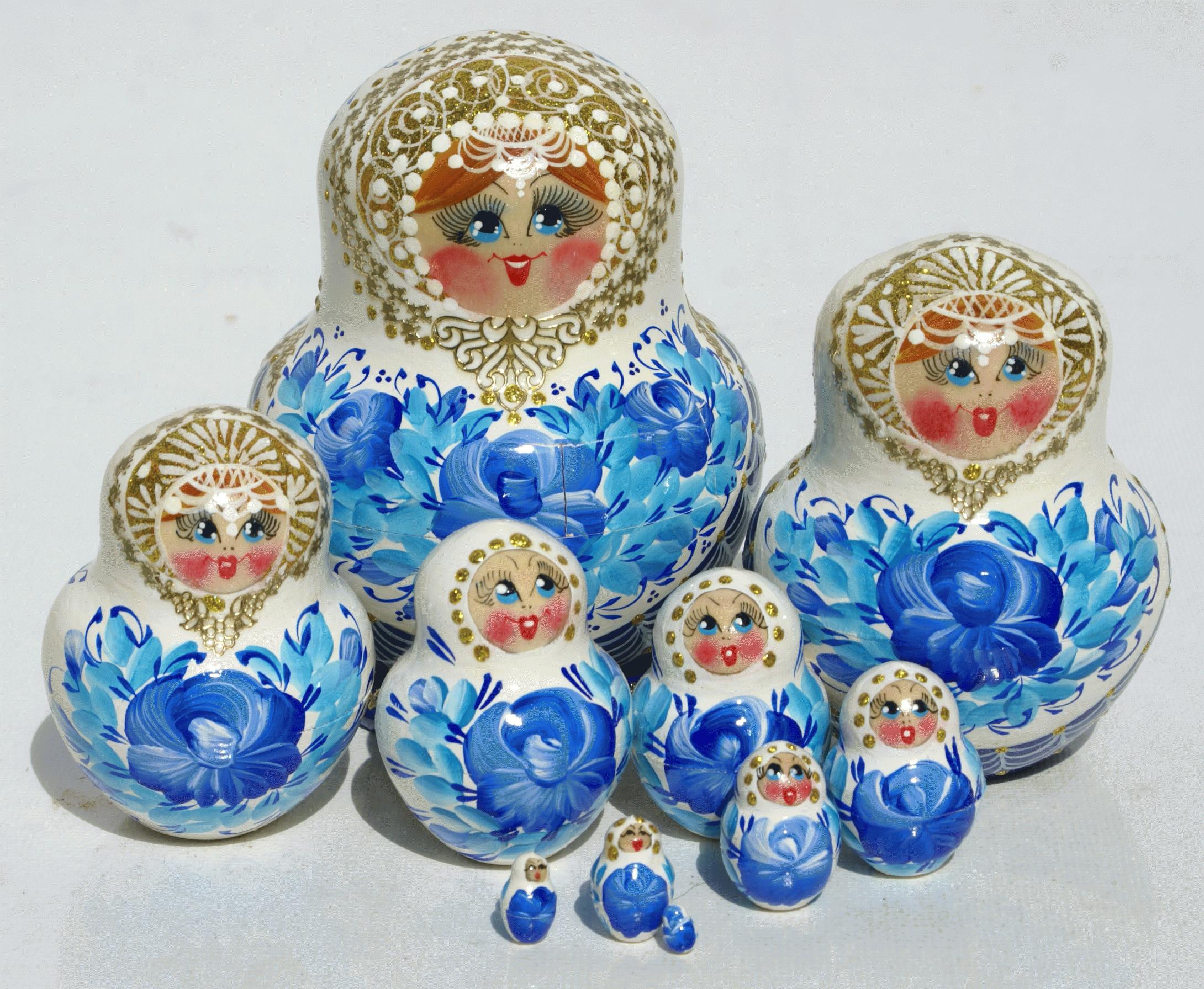 Blue Floral Matryoshka with Gold Lace Detailing