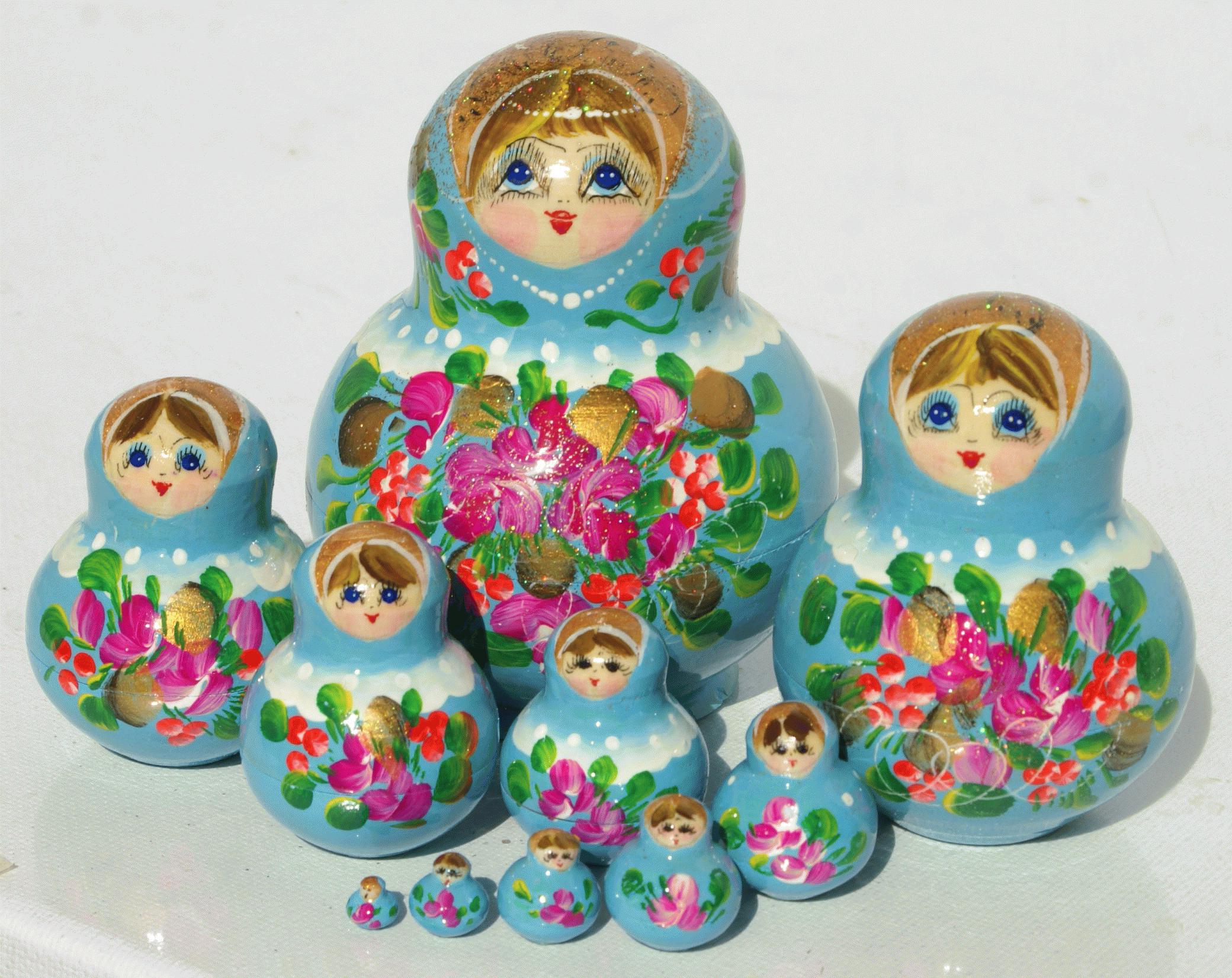 Nesting Dolls with Blue Floral Bouquet