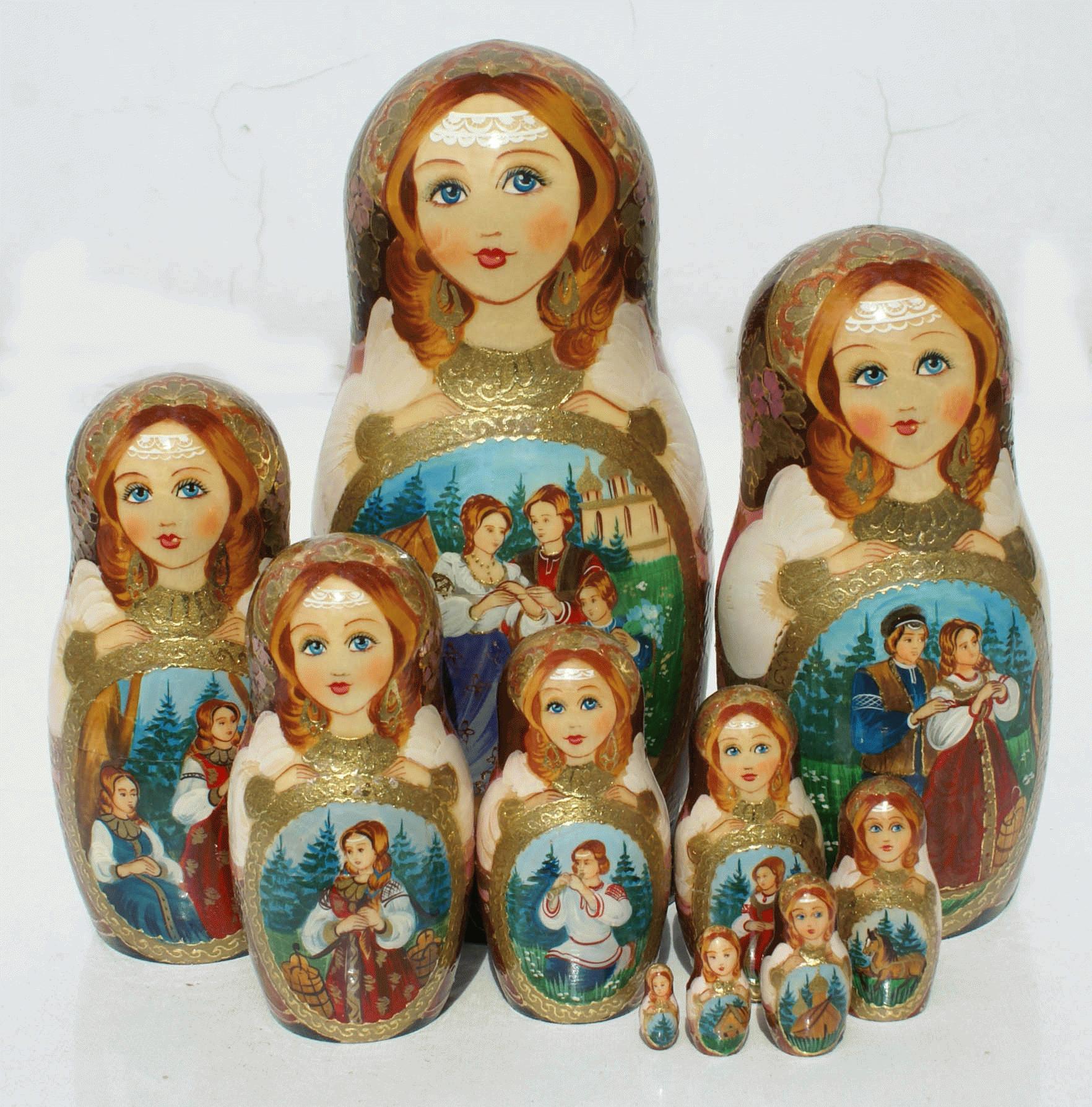 Nesting Dolls with Romantic Folk Scenes