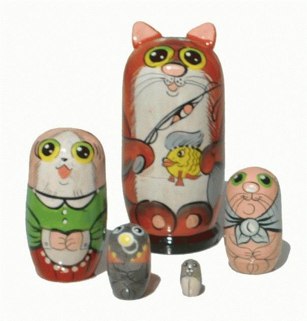 Cat & Mice Matryoshka with Fishing Motif