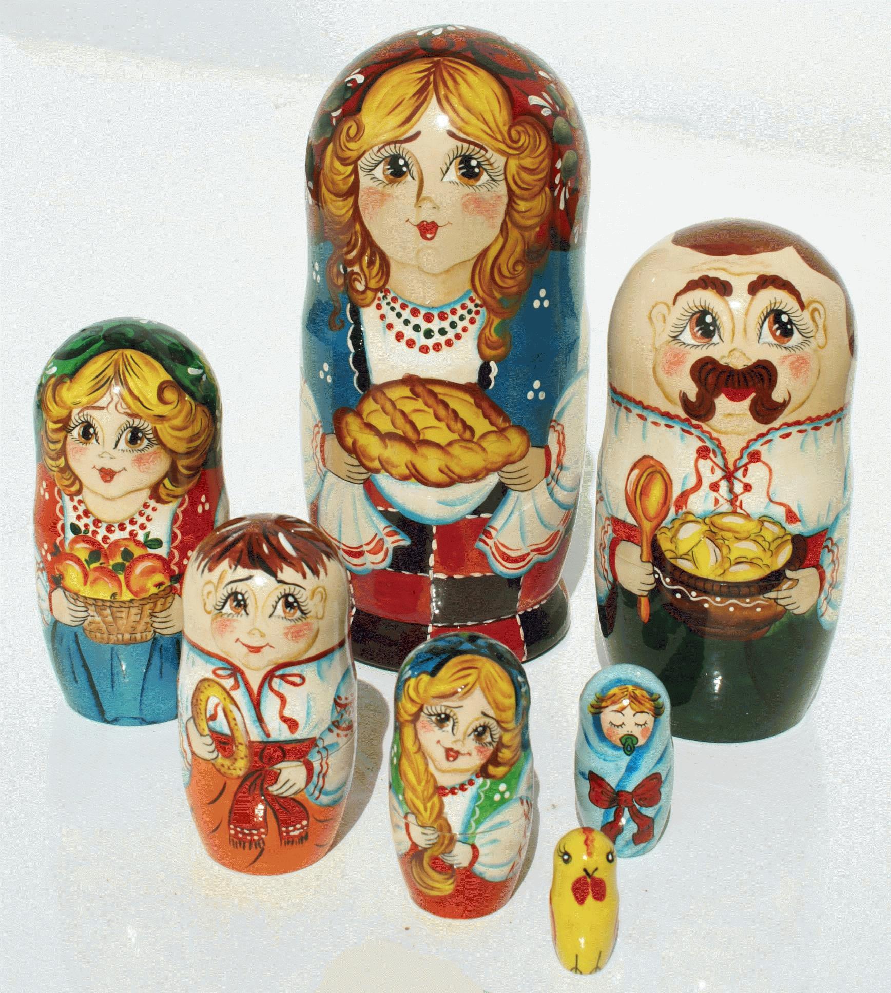Nesting Dolls with Folk Family and Bread Scene