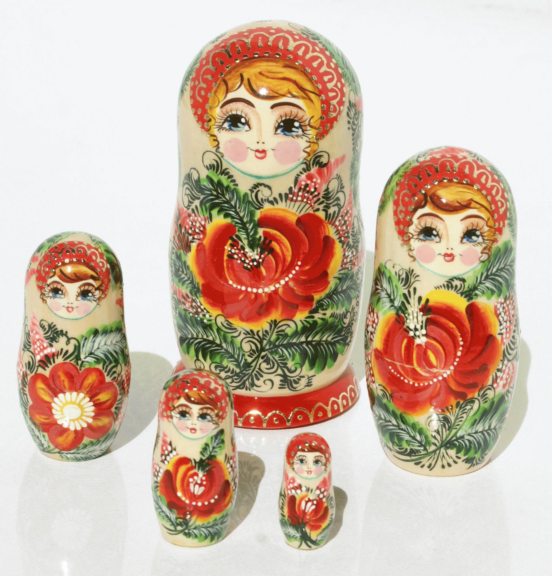Nesting Doll Set with Red Roses