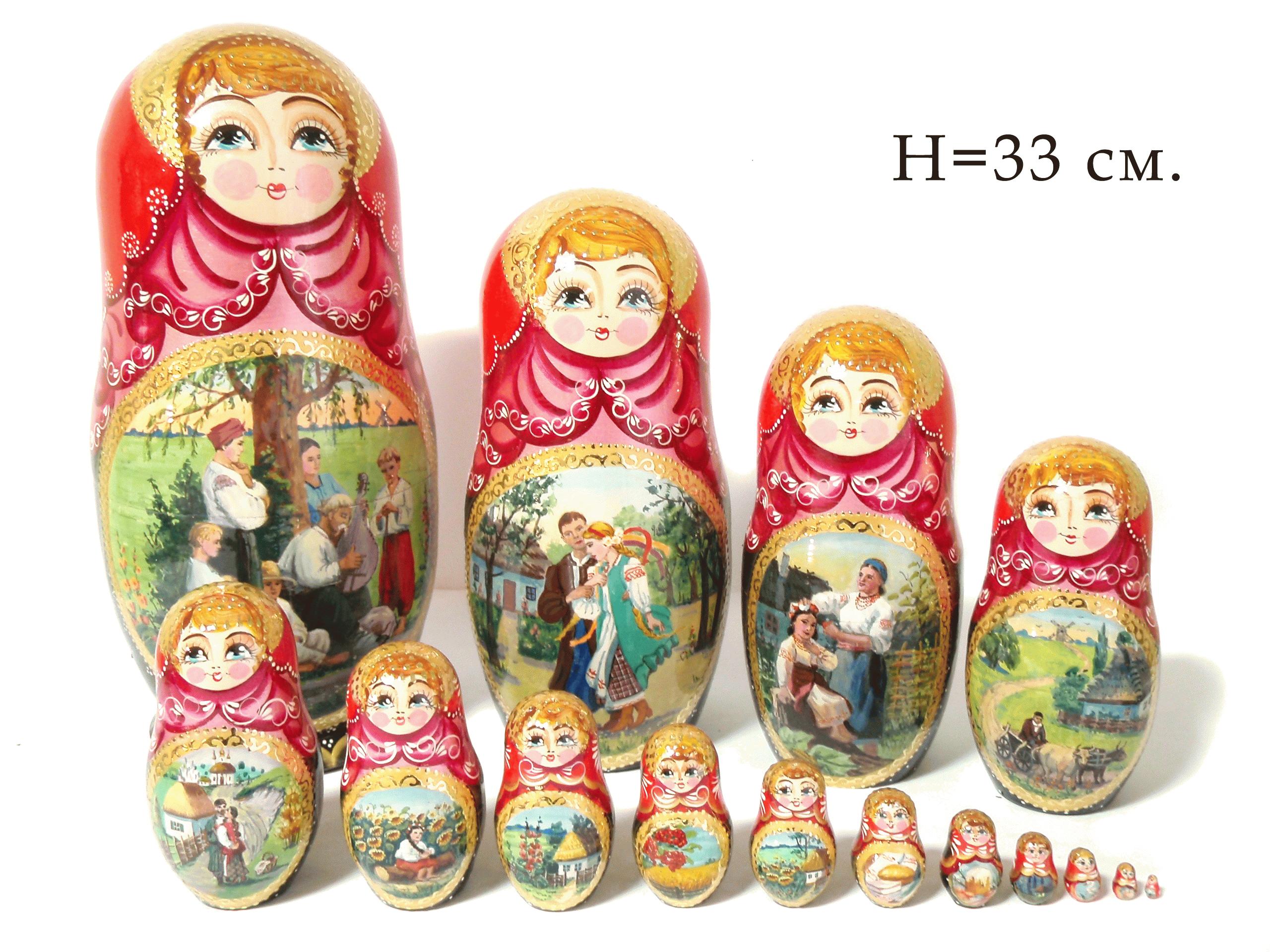Wooden Matryoshka Dolls with Folk Scene Paintings