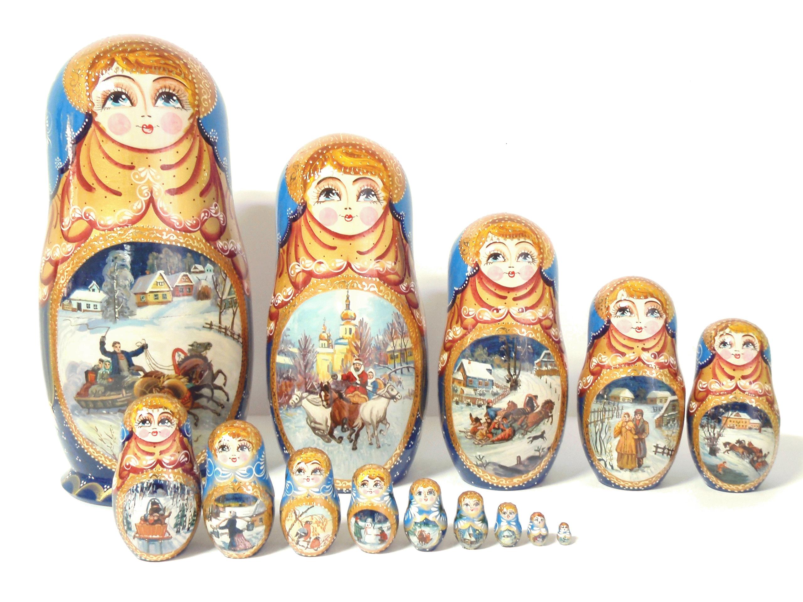 Wooden Matryoshka Dolls with Winter Village Scenes