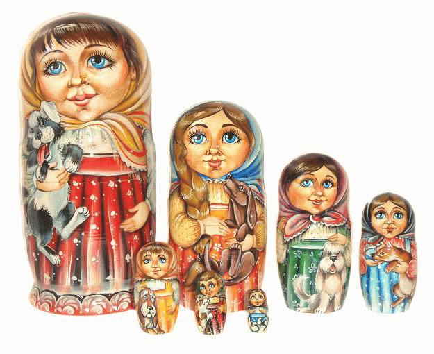 Nesting Dolls with Girls and Dogs